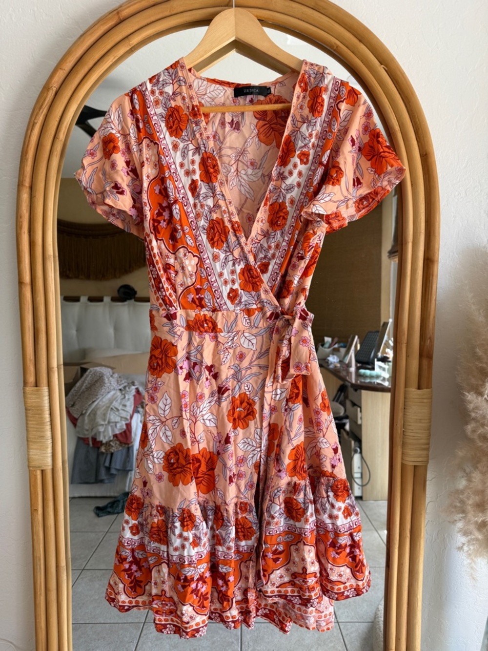 Floral Wrap Midi Dress in Peach & Orange -